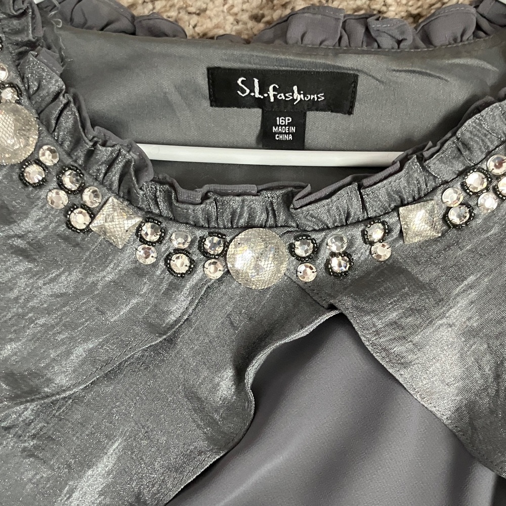 SL Fashions Metallic Gray Embellished Tiered Dress - Picture 4 of 13